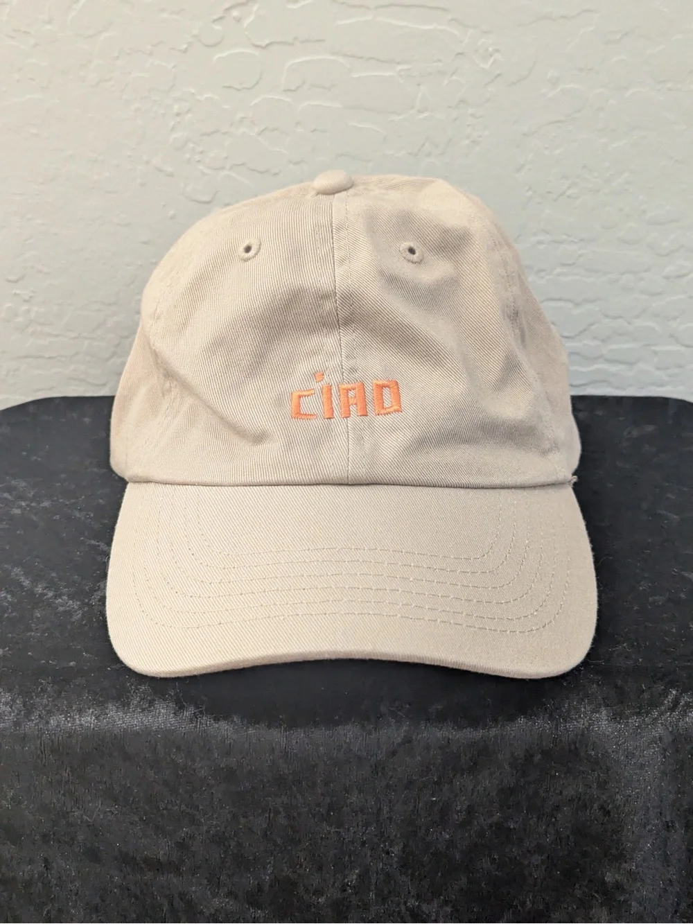 Clare V Tan Baseball Cap with Orange CIAO Embroidery